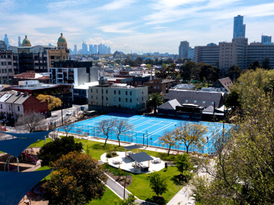 An aerial photograph of the Princes Gardens Tennis Court