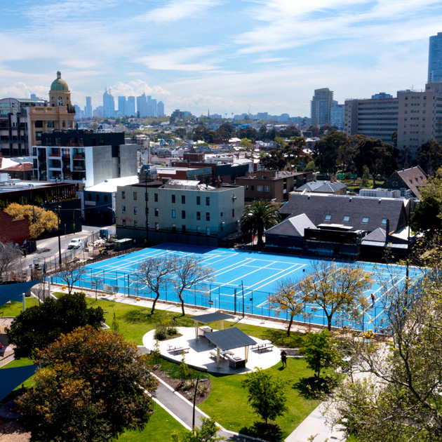 An aerial photograph of the Princes Gardens Tennis Court